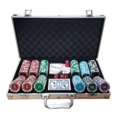 Покерний набір на 300 фішок з номіналом (алюмінієвий кейс) зображення 2