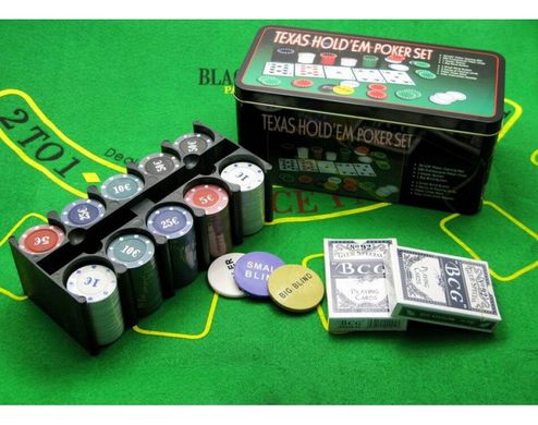 Покерный Набор На 200 Фишек С Номиналом + Сукно (Жестяная Коробка) фото 2