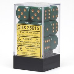 Набор кубиков Chessex Opaque 16mm d6 with pips Dice Blocks™ (12 Dice) Dusty Green w/gold фото 1