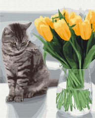 Картина за номерами: Котик з тюльпанами зображення 1
