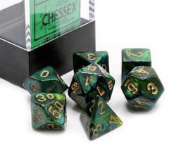 Набір кубиків Chessex Scarab Mini-Polyhedral Jade/Gold 7-Die Set зображення 1