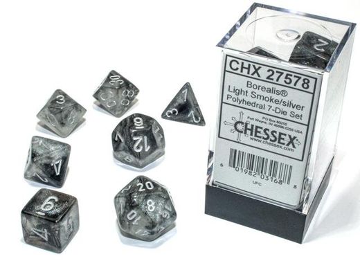 Набор кубиков Chessex Borealis® Polyhedral Light Smoke/silver Luminary 7-Die Set фото 2