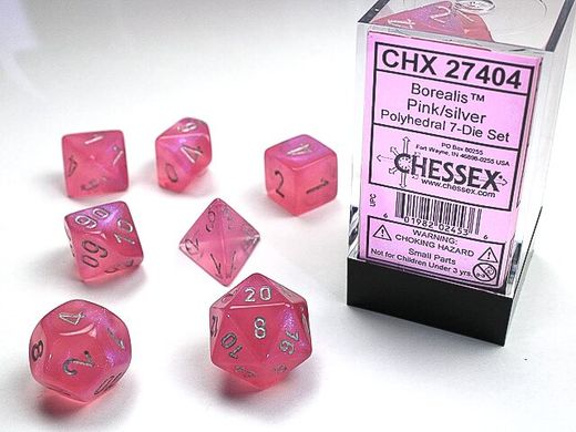 Набор кубиков Chessex Borealis® Polyhedral Pink/silver Luminary 7-Die Set фото 2