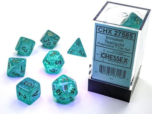 Набір кубиків Chessex Borealis® Polyhedral Teal/gold Luminary 7-Die Set зображення 2