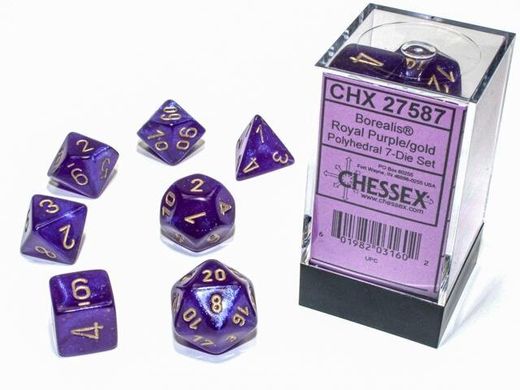 Набір кубиків Chessex Borealis® Polyhedral Royal Purple/gold Luminary 7-Die Set зображення 2